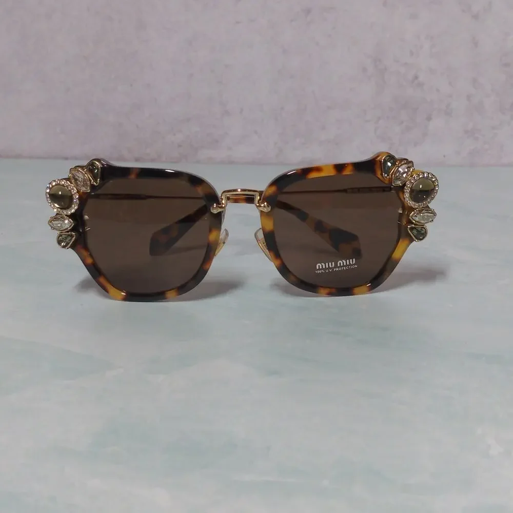 Miu Miu Light Havana Brown Sunglasses Jeweled Cat Eye 100% UV Protection